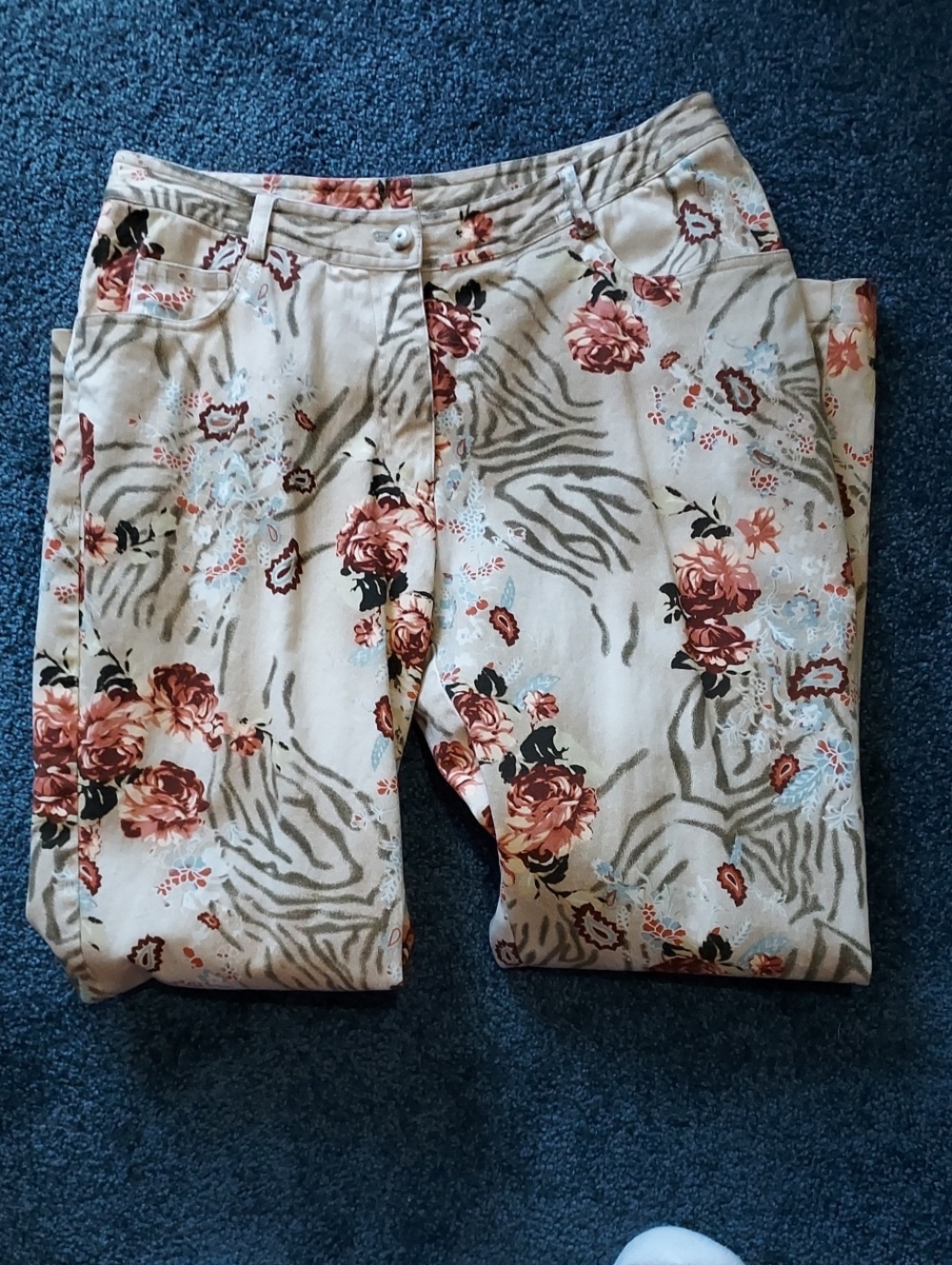 Floral Zebra-Accent Straight Leg Pants in Beige and Rose